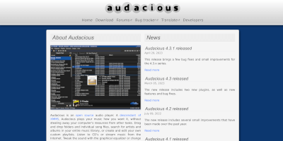 Screenshot Audacious media player application webpage.