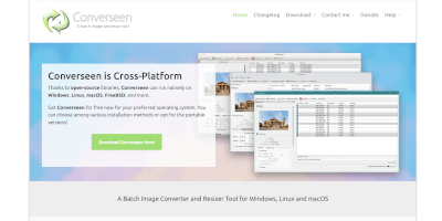Screenshot Converseen batch image processor application webpage.