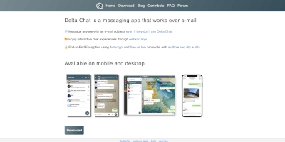 Screenshot Delta Chat messenger application webpage.