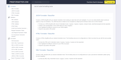 Screenshot Freeformatter webpage.