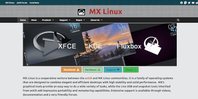 Screenshot MX Linux (MXLinux) operating system webpage.