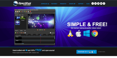 Screenshot Openshot video editor application webpage.