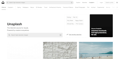 Screenshot Unsplash webpage.