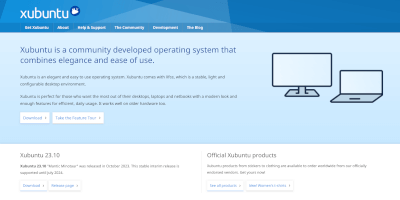 Screenshot Xubuntu operating system webpage.