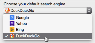 Firefox: choose Duckduckgo as default search engine page. Duckduckgo help.